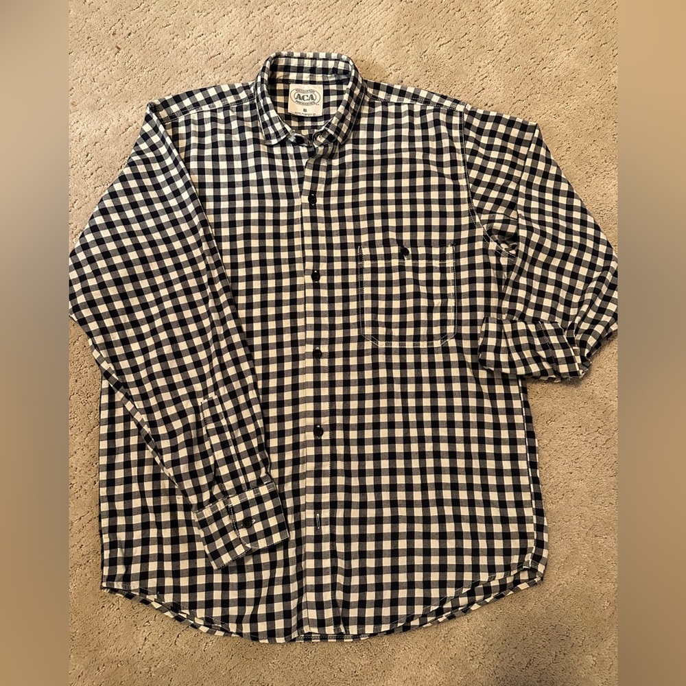 100% cotton black and white gingham plaid flannel long sleeve button up